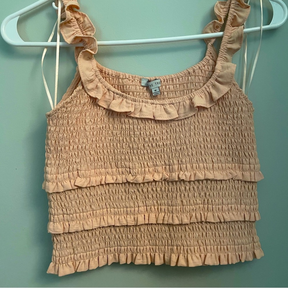 Love tree, peach, stretchy crop top with ruffled straps